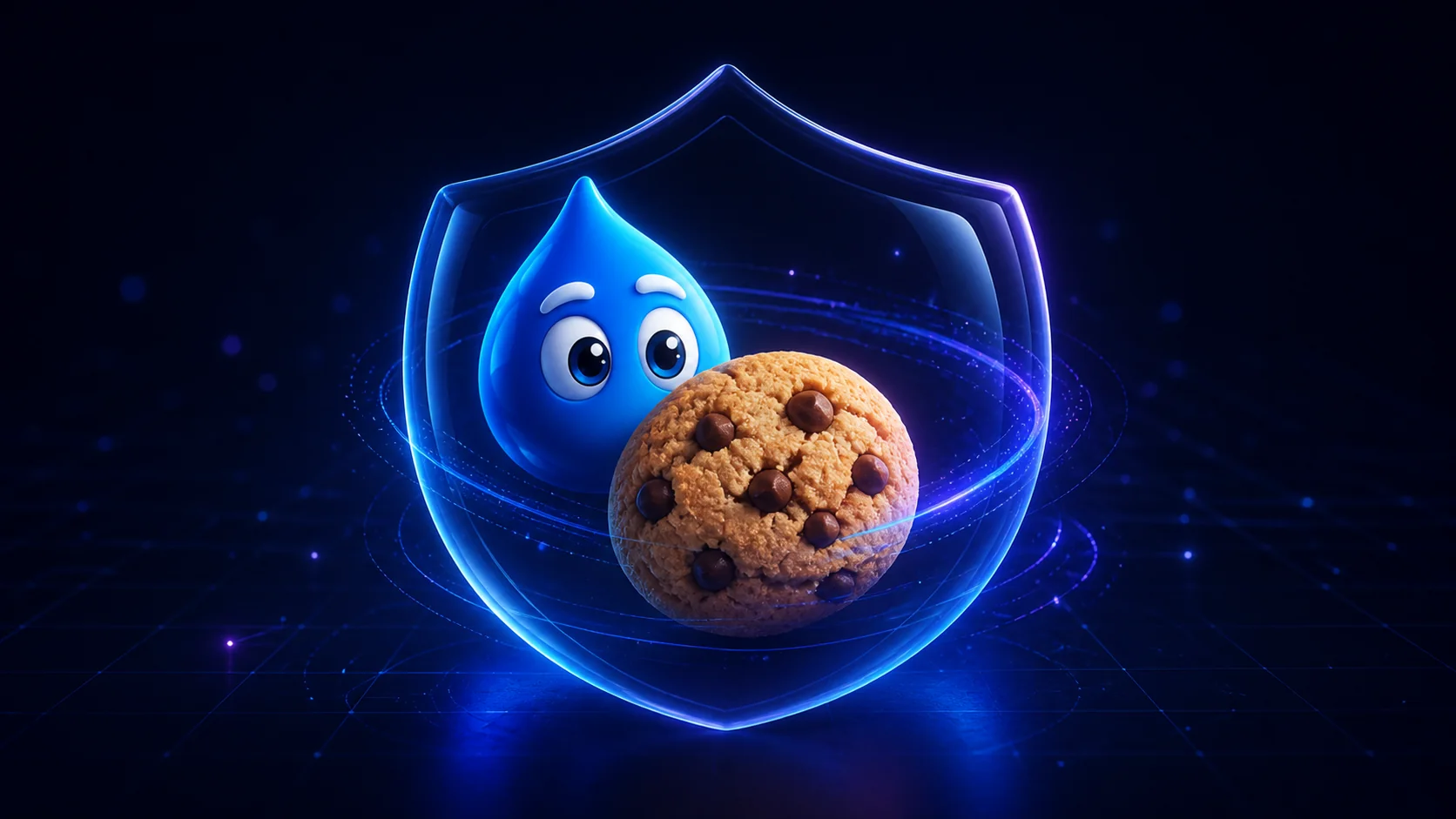 Blue Dropelz mascot protecting a cookie inside a glowing privacy shield