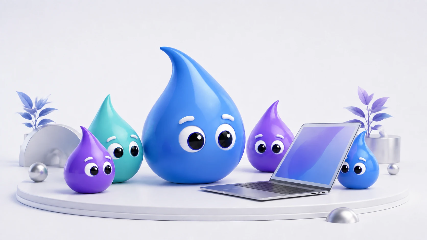 A group of drop characters beside a laptop