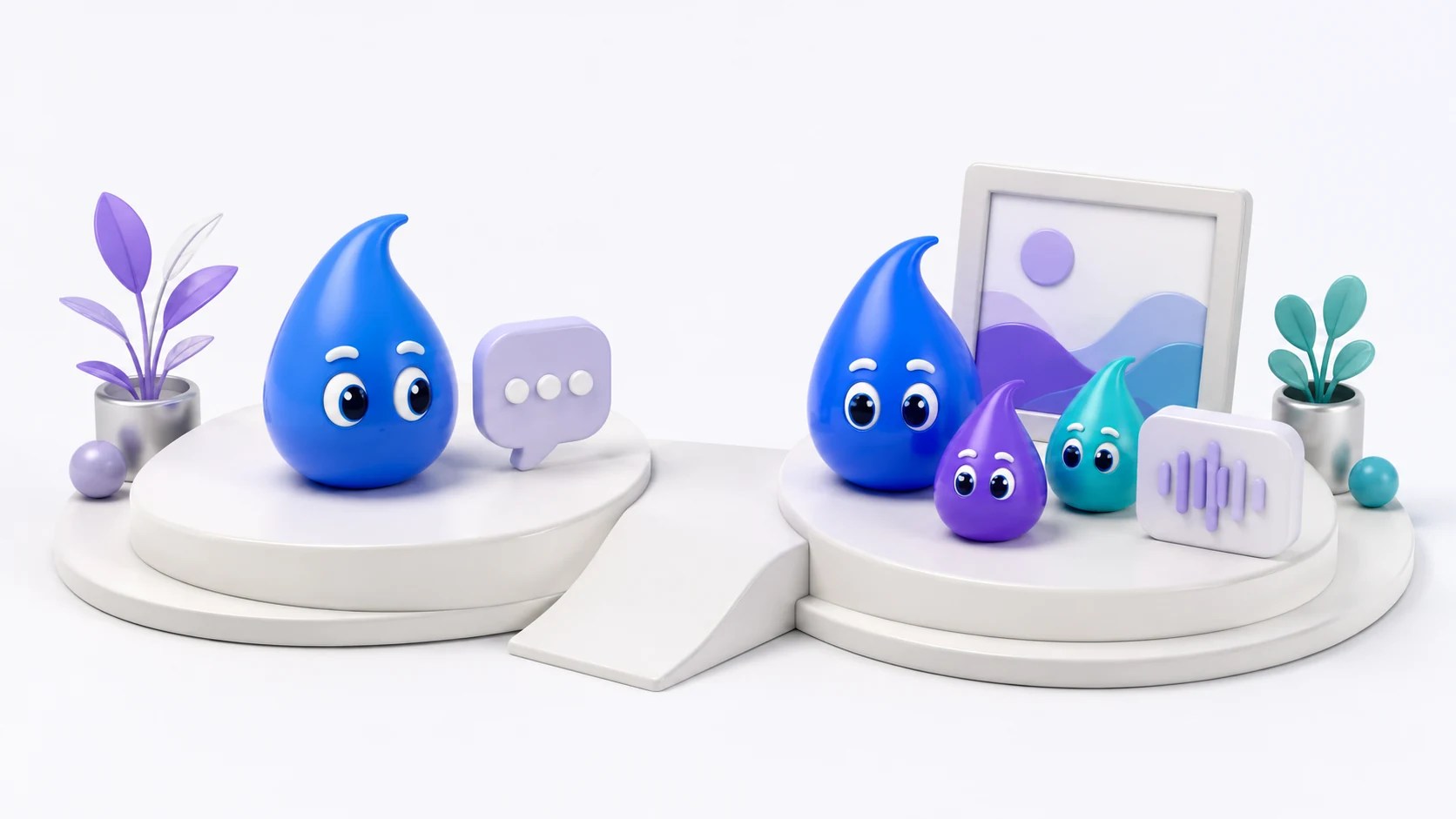 Drop characters on two connected creative platforms representing Free and Pro