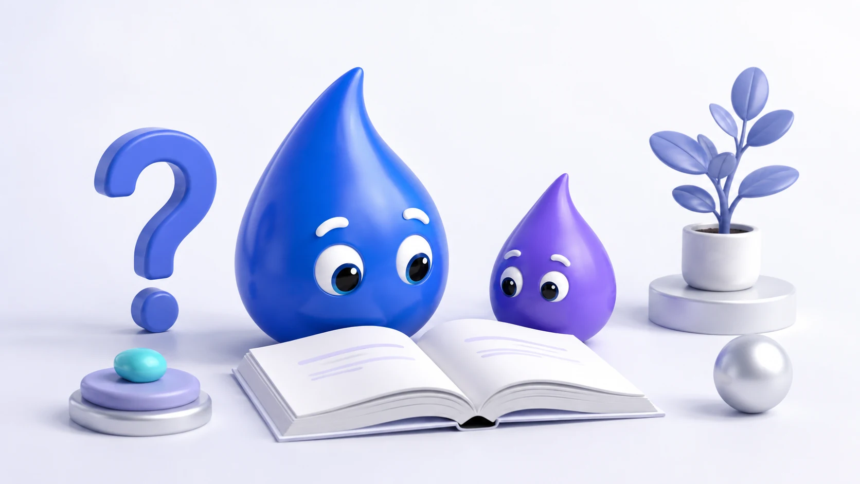 Drop characters reading a guidebook beside a question mark
