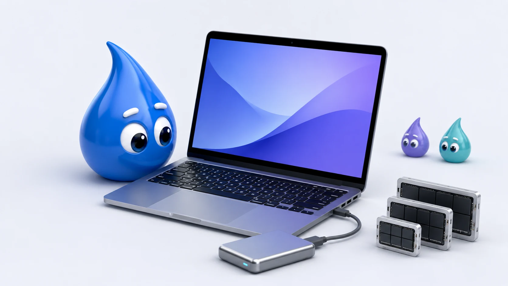 A drop character beside a laptop, memory chips and an external SSD