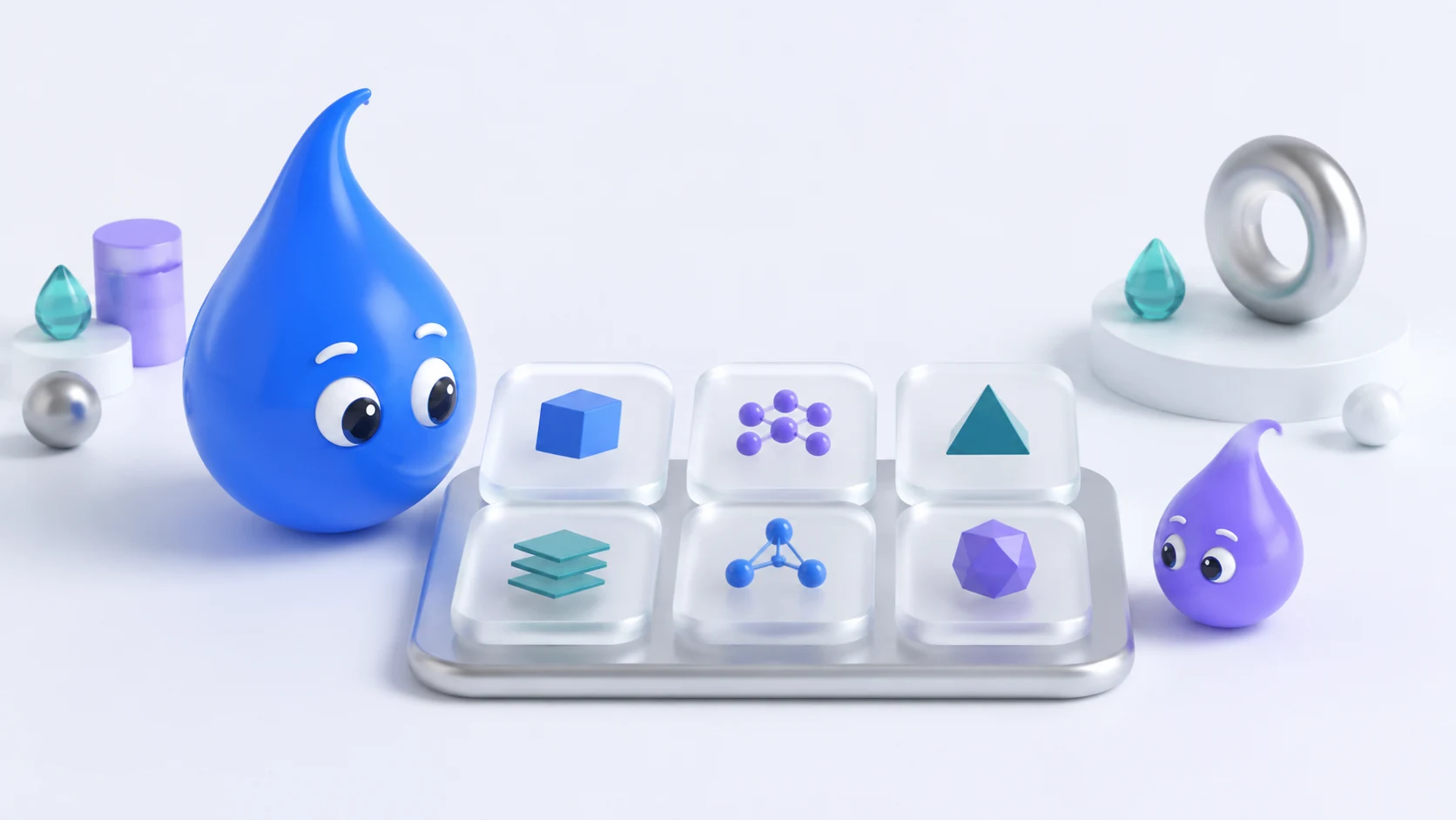 Drop characters beside six geometric tiles representing local AI models