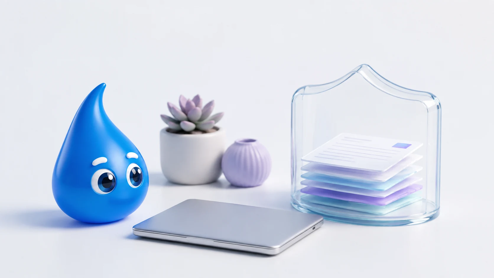 A drop character beside a laptop and papers protected by a glass shield