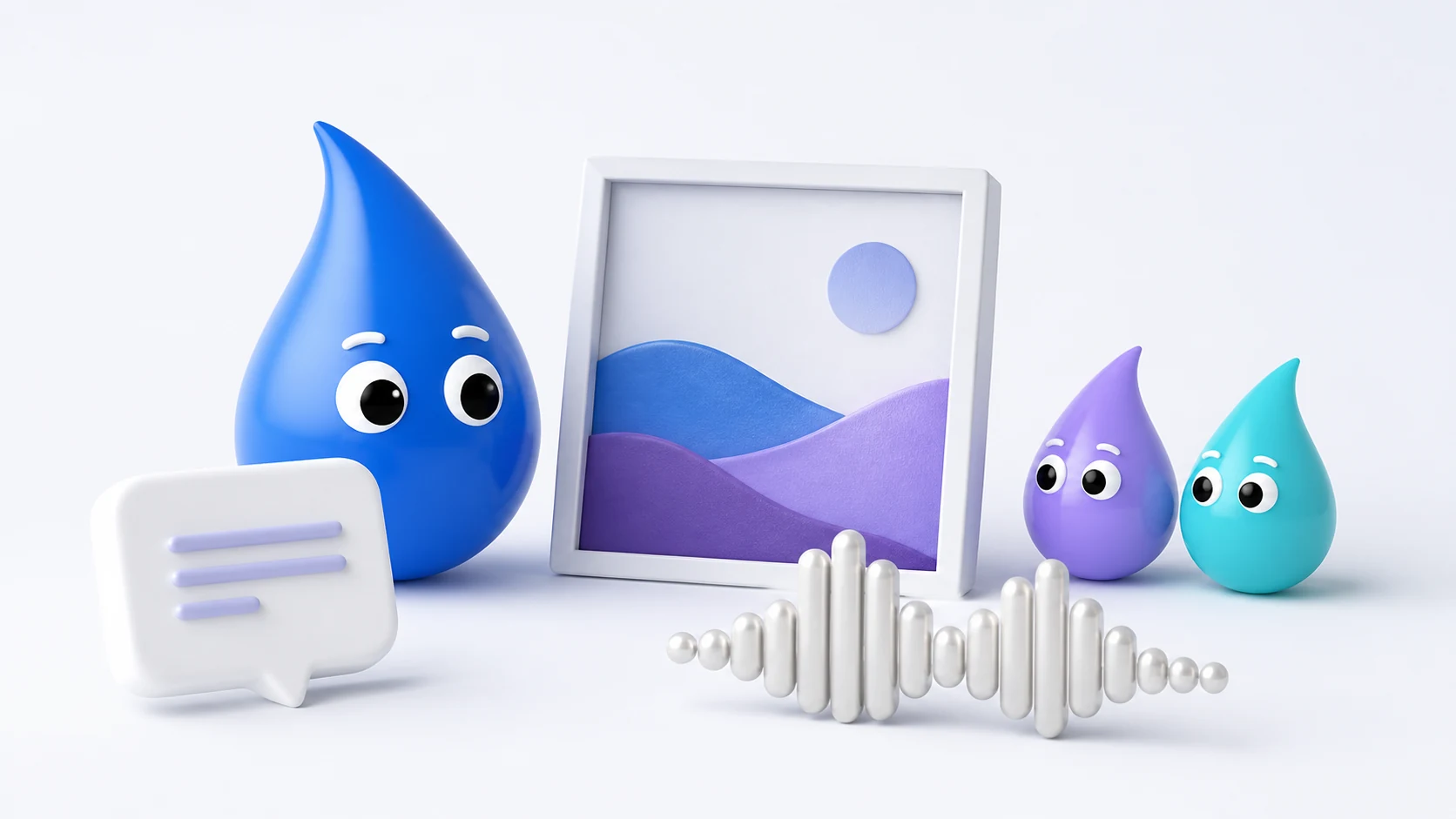 Drop characters with a chat bubble, a picture and an audio waveform