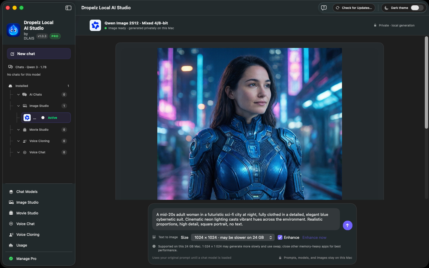 Image Studio in Dropelz Local AI Studio on macOS, showing a generated image and local model controls