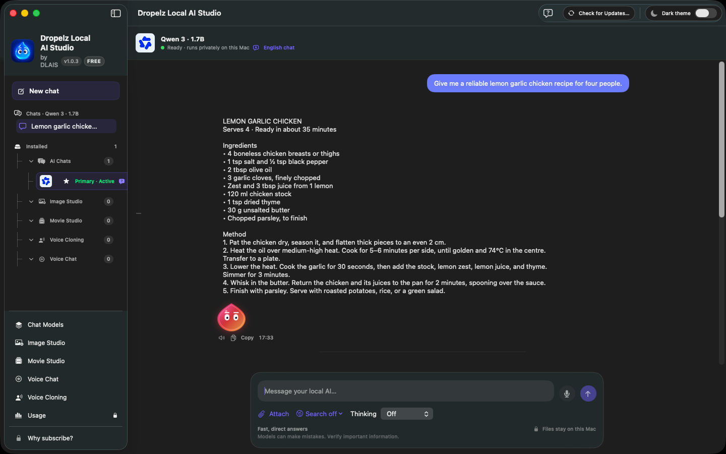Chat workspace in Dropelz Local AI Studio on macOS, with a conversation and local AI model selection