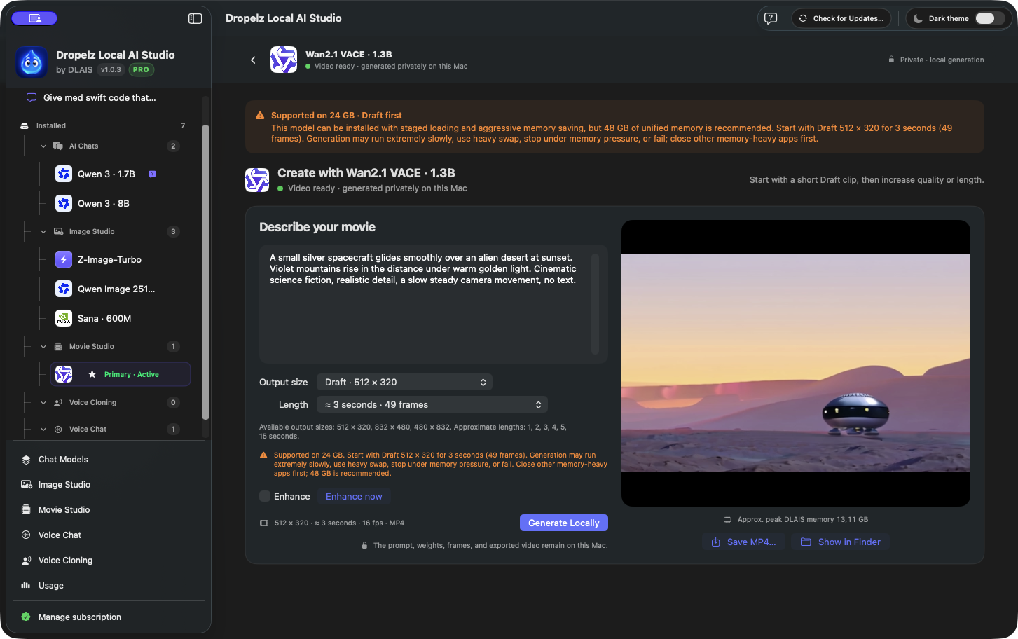Movie Studio in a development build of Dropelz Local AI Studio, showing a locally generated sci-fi video, its prompt and peak memory usage