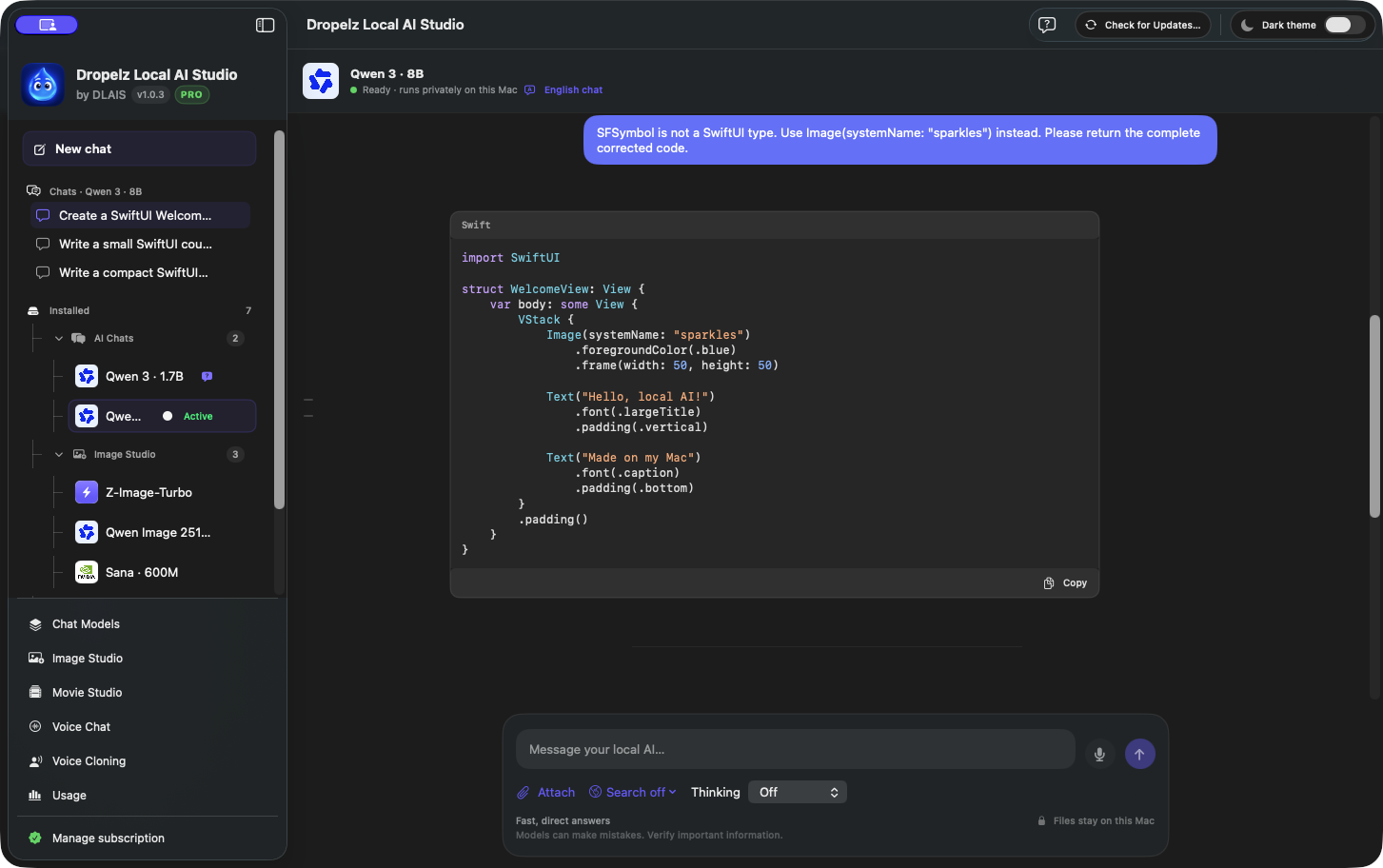Syntax-highlighted SwiftUI code generated by Qwen 3 in a development build of Dropelz Local AI Studio, with a Copy button below the code