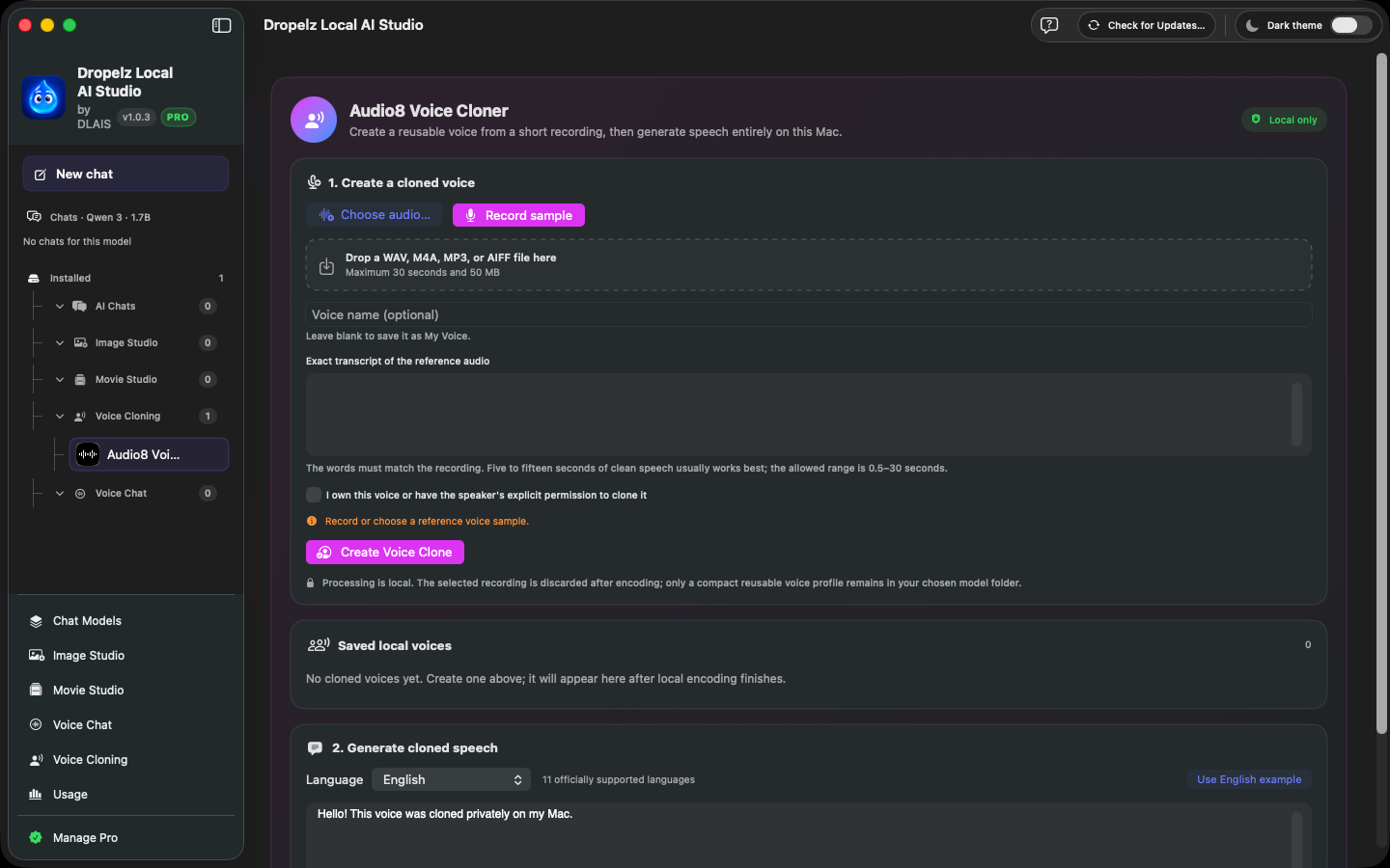 Voice tools in Dropelz Local AI Studio on macOS, showing local speech and voice profile controls